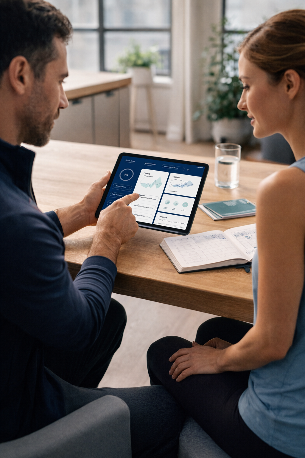 Sessione tra professionista e cliente con dashboard benessere su tablet